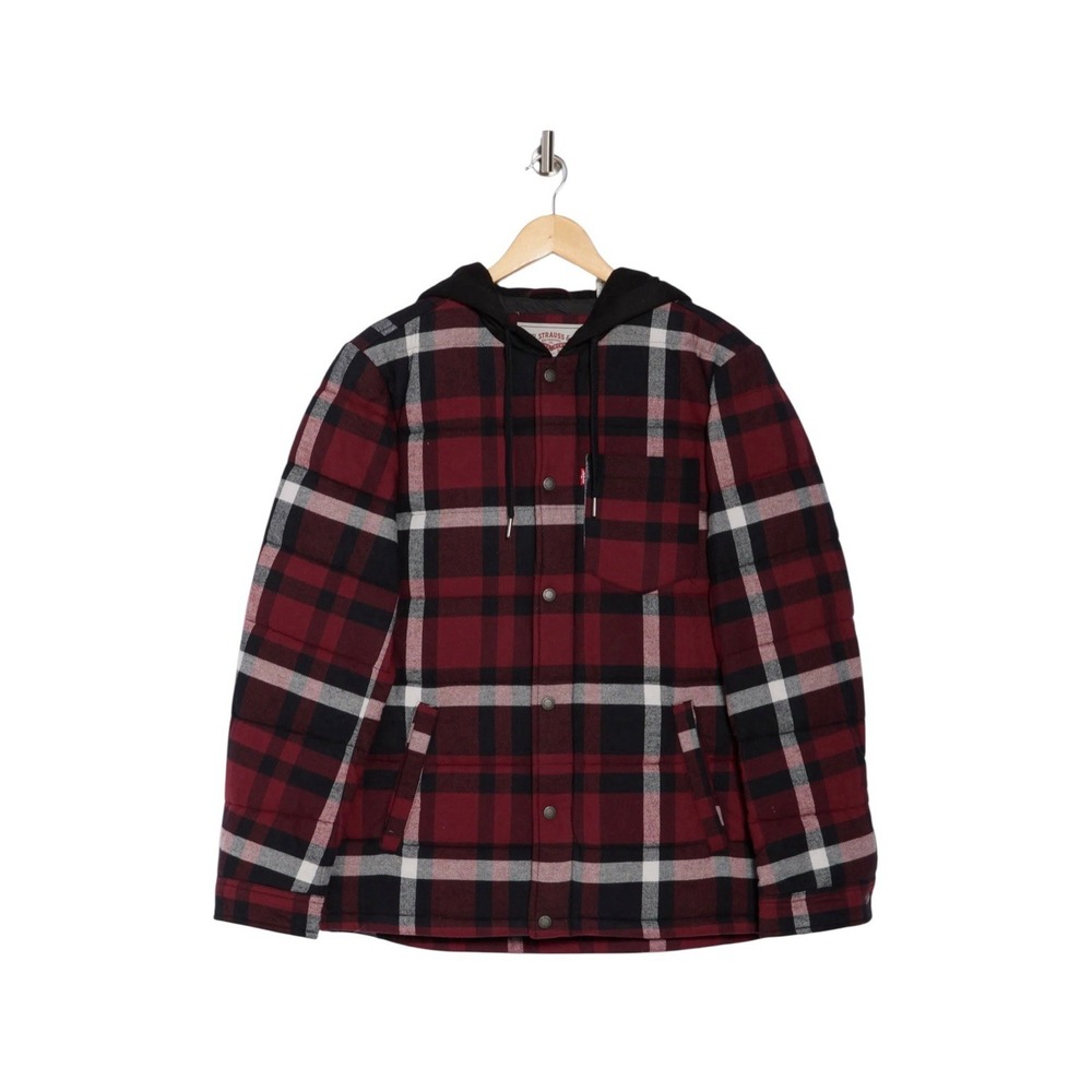 Levi's Quilted Plaid Puffer Flannel Hooded Shacket‎ Size XL Magenta Co